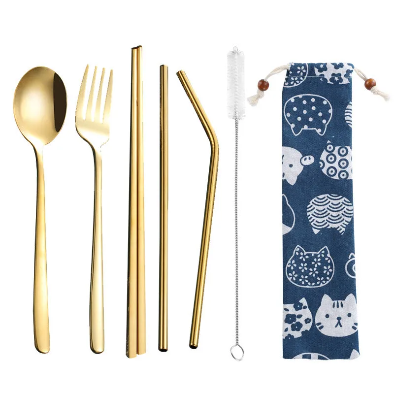 Stainless Steel Straw Package Portable Tableware Color Chopsticks Fork and Spoon Straw Combination Set