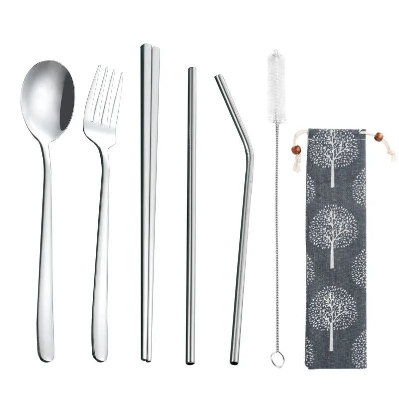 Stainless Steel Straw Package Portable Tableware Color Chopsticks Fork and Spoon Straw Combination Set