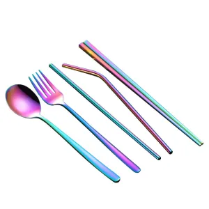 Stainless Steel Straw Package Portable Tableware Color Chopsticks Fork and Spoon Straw Combination Set