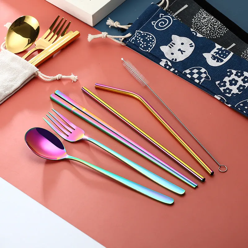 Stainless Steel Straw Package Portable Tableware Color Chopsticks Fork and Spoon Straw Combination Set