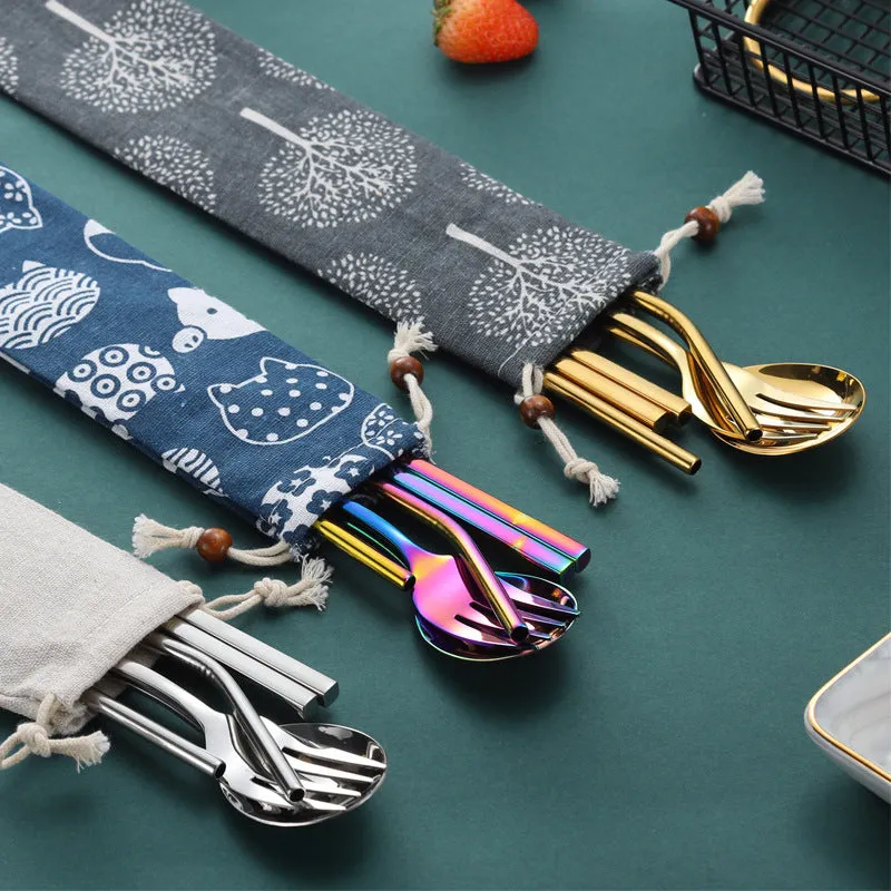 Stainless Steel Straw Package Portable Tableware Color Chopsticks Fork and Spoon Straw Combination Set