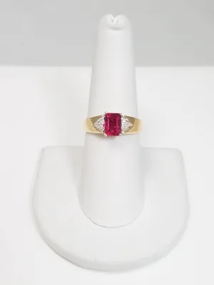 Striking 10k Yellow Gold Synthetic Red Gemstone & Natural Diamond Ring