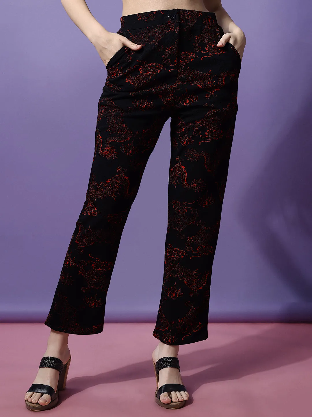 Striking Black and Red High-Rise Printed Trousers