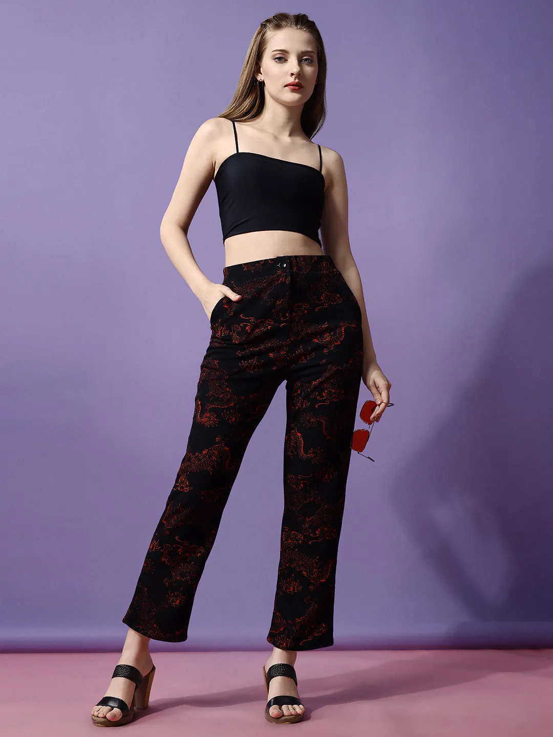 Striking Black and Red High-Rise Printed Trousers