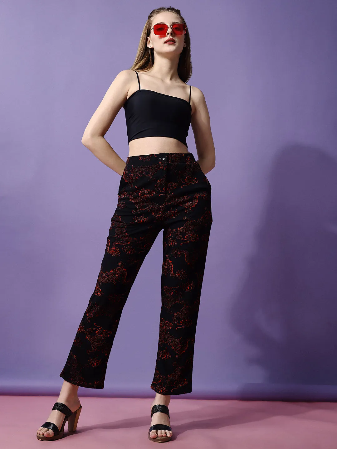 Striking Black and Red High-Rise Printed Trousers