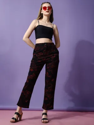 Striking Black and Red High-Rise Printed Trousers