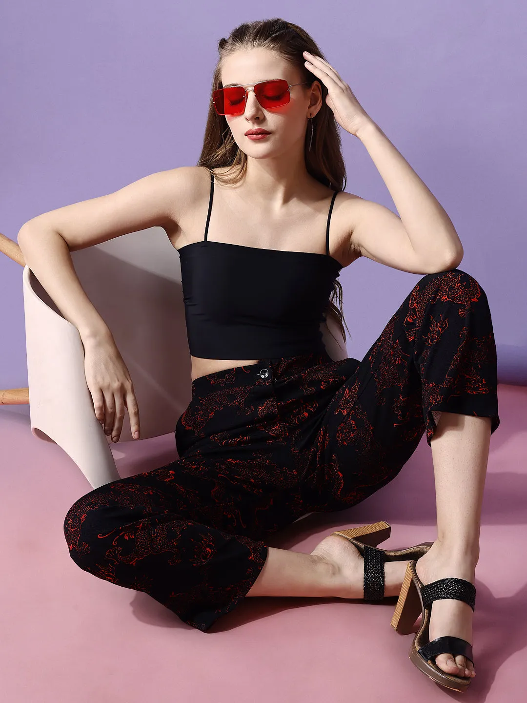 Striking Black and Red High-Rise Printed Trousers