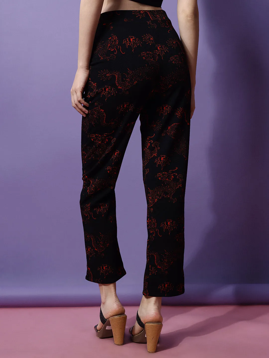Striking Black and Red High-Rise Printed Trousers