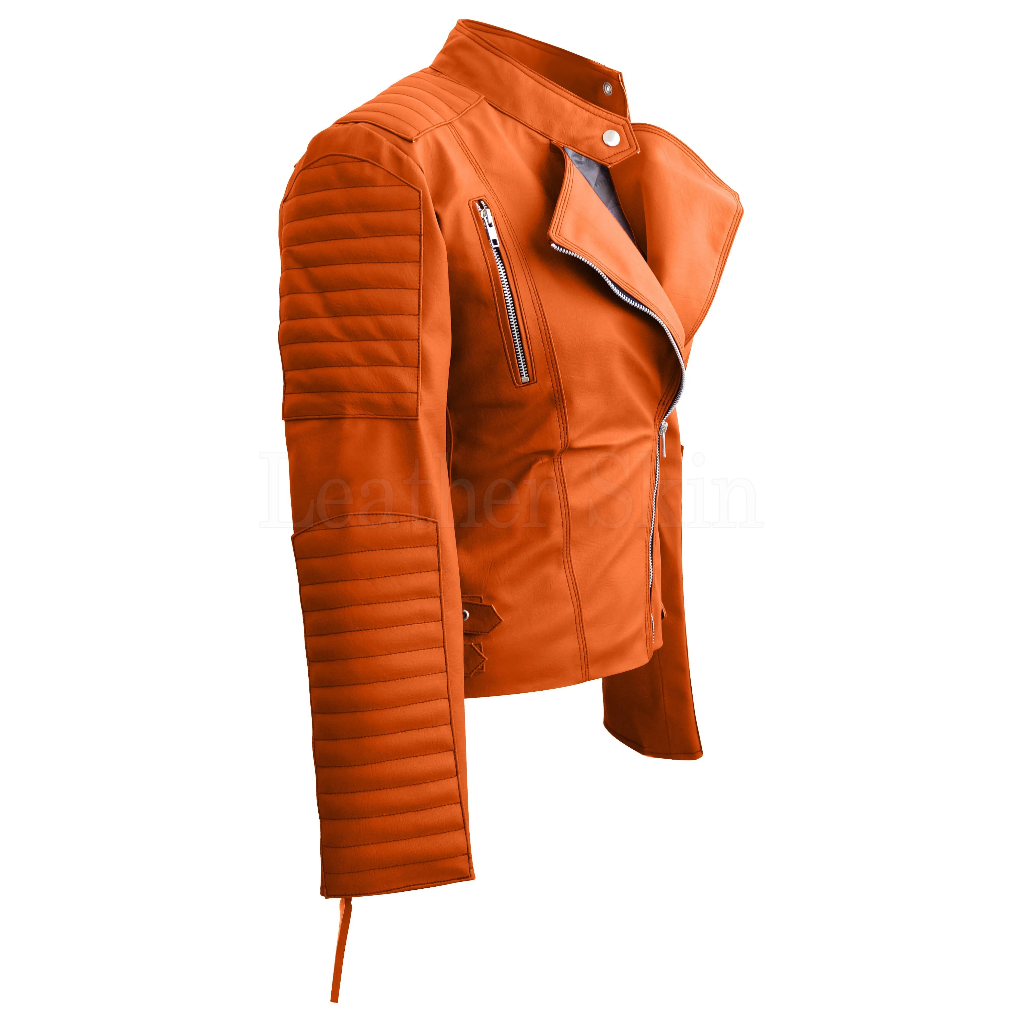 Striking Brando Orange Leather Jacket For Women With Faux Leather