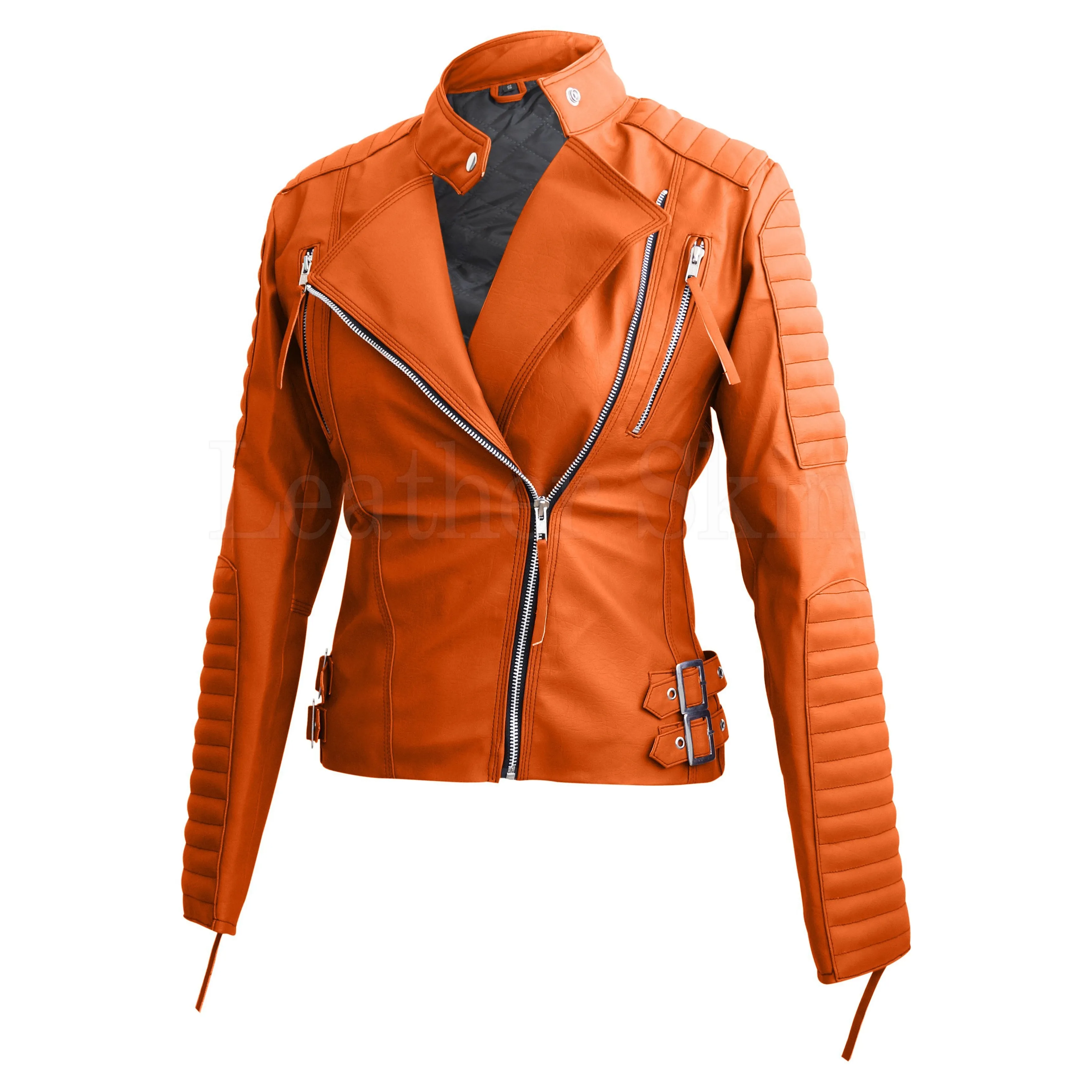 Striking Brando Orange Leather Jacket For Women With Faux Leather