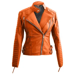 Striking Brando Orange Leather Jacket For Women With Faux Leather