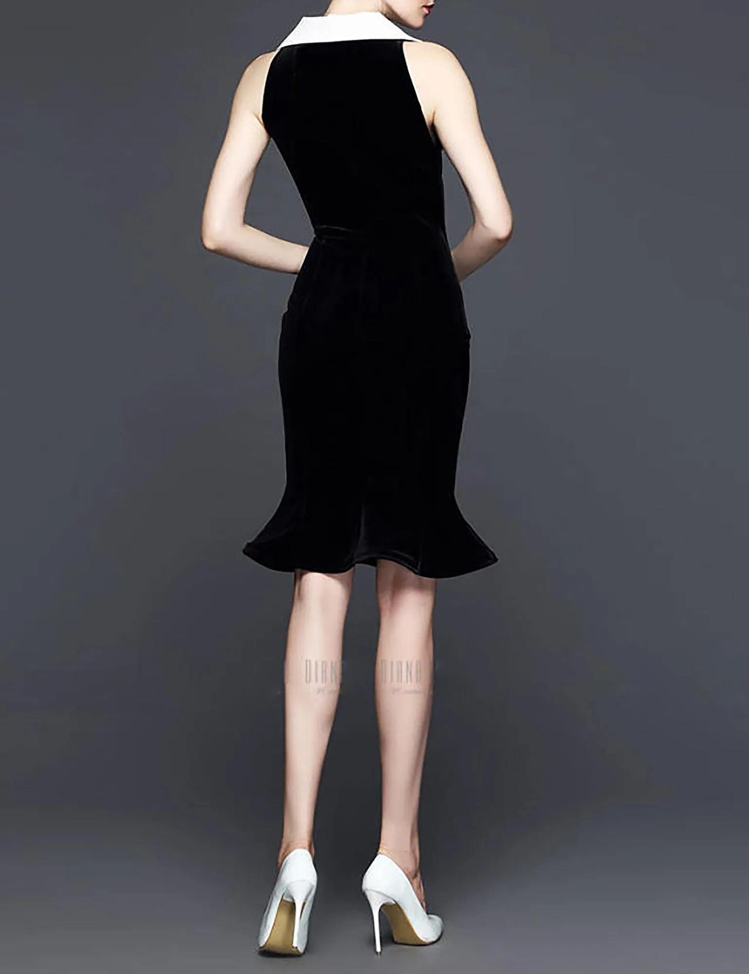 Striking White Collar Contrast Diva Fishtail Velvet Dress