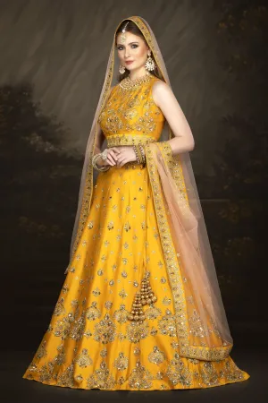 Stylish Raw Silk Yellow bridal Lehenga