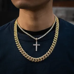 Tennis Chain w/ Cross   Diamond Cuban Link Bundle