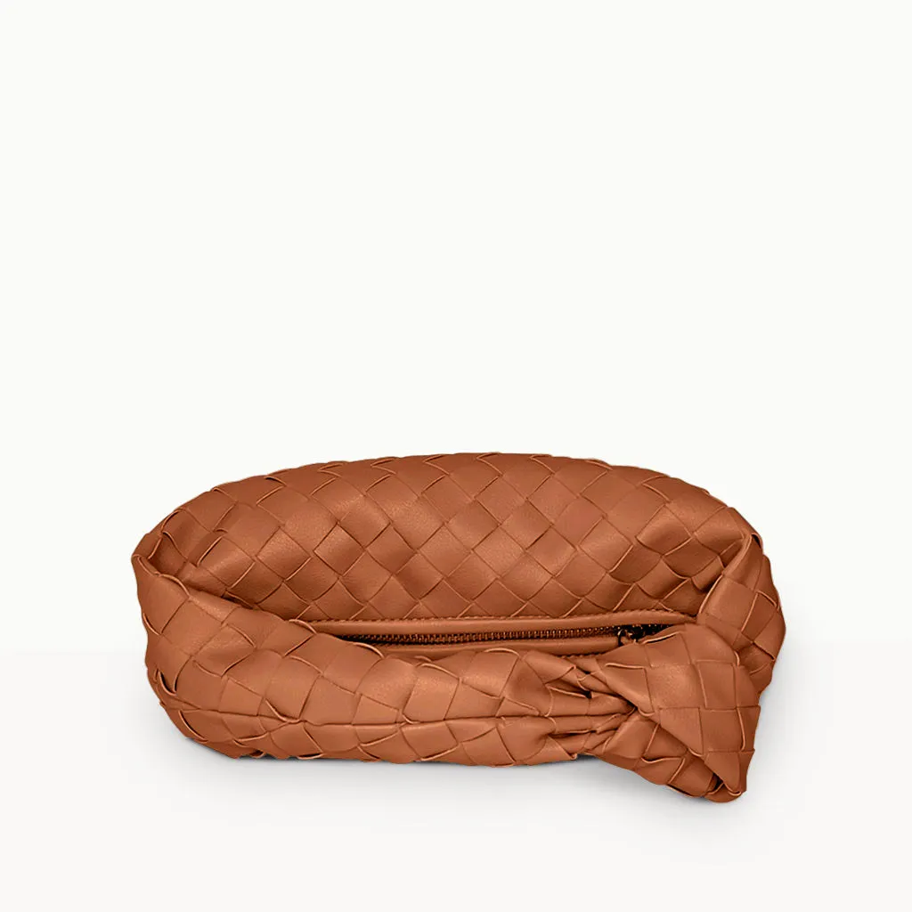 The Small Margaux Leather Weave Cloud Bag in tan