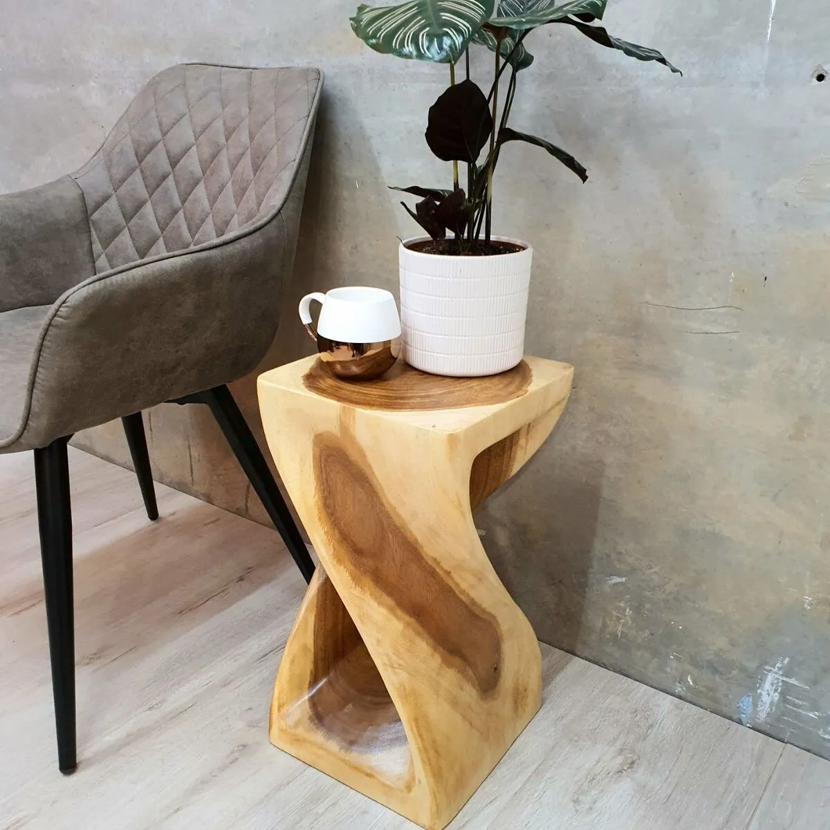 The twist-Raintree Wood Stool/Corner side Table/Lamp Table Carved out of a Whole Tree Trunk.