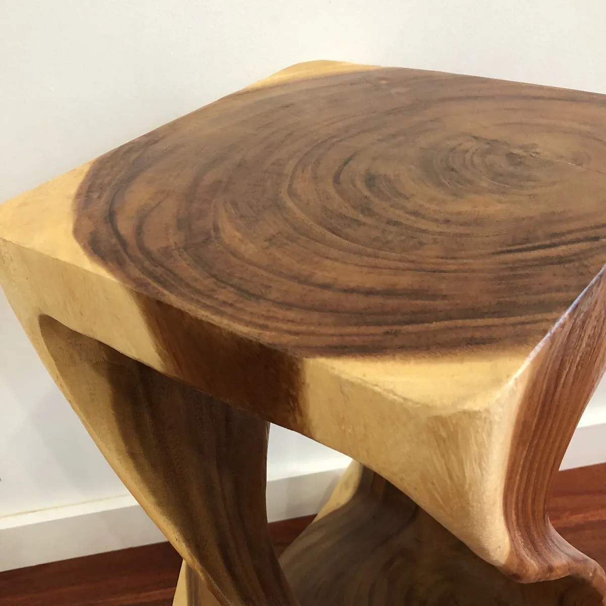 The twist-Raintree Wood Stool/Corner side Table/Lamp Table Carved out of a Whole Tree Trunk.