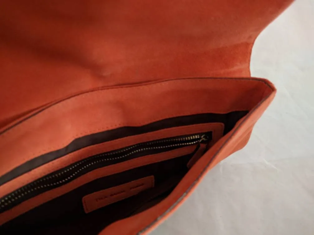 Tila March Romy Clutch – Burnt Orange Suede, Fold-Over Design, Chic Designer Evening Bag