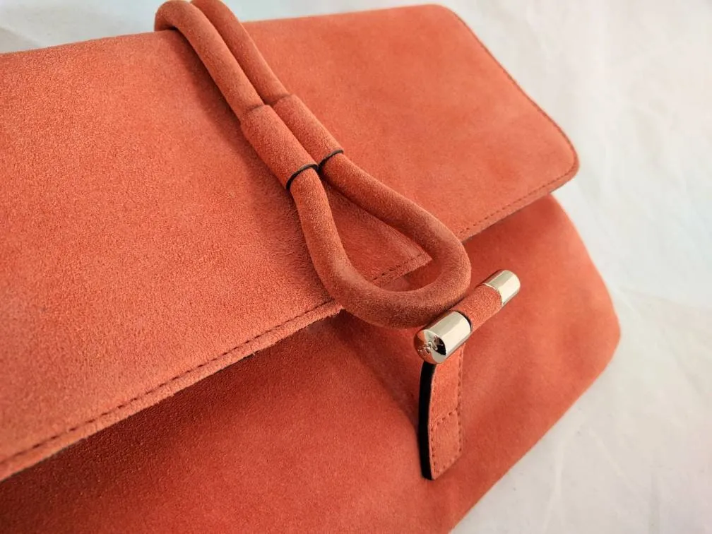 Tila March Romy Clutch – Burnt Orange Suede, Fold-Over Design, Chic Designer Evening Bag