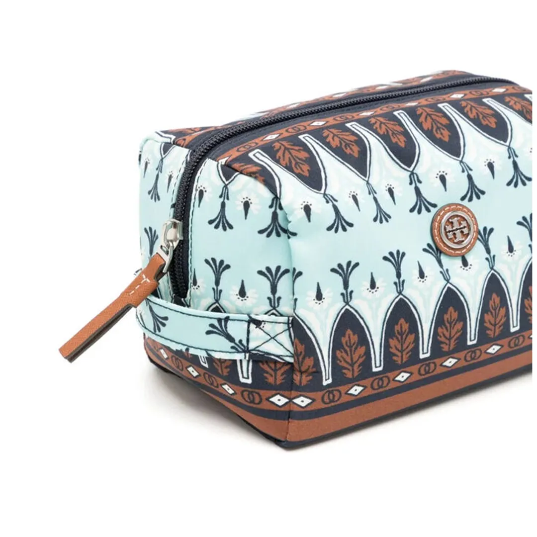 Tory Burch Virginia Cosmetic Case Blue Brown Pouch Bag Tori Handbag Make Up New