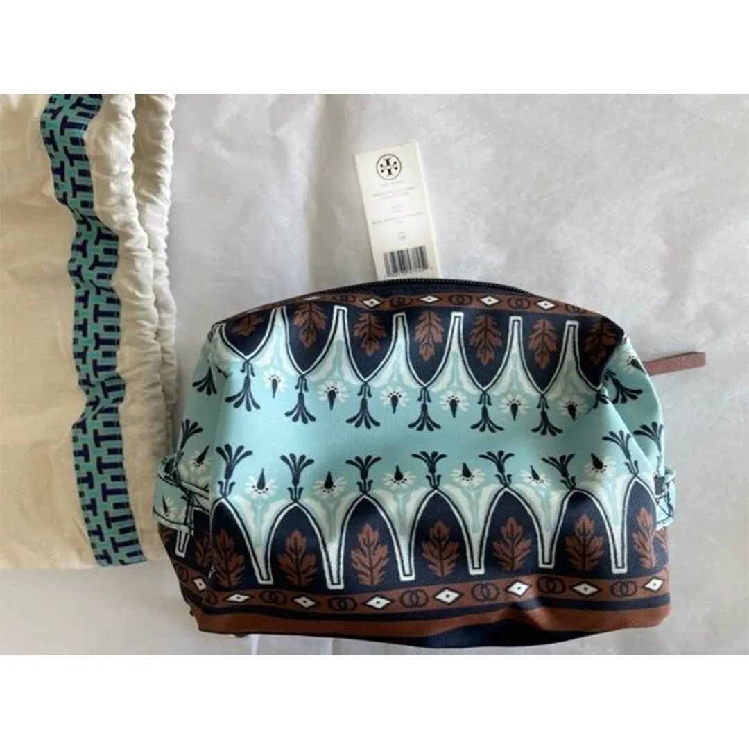 Tory Burch Virginia Cosmetic Case Blue Brown Pouch Bag Tori Handbag Make Up New