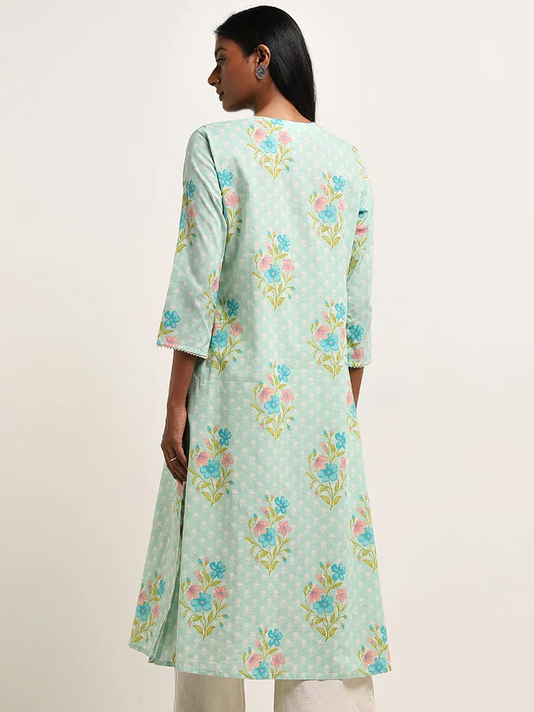 Utsa Turquoise Paisley Embroidered A-Line Cotton Kurta