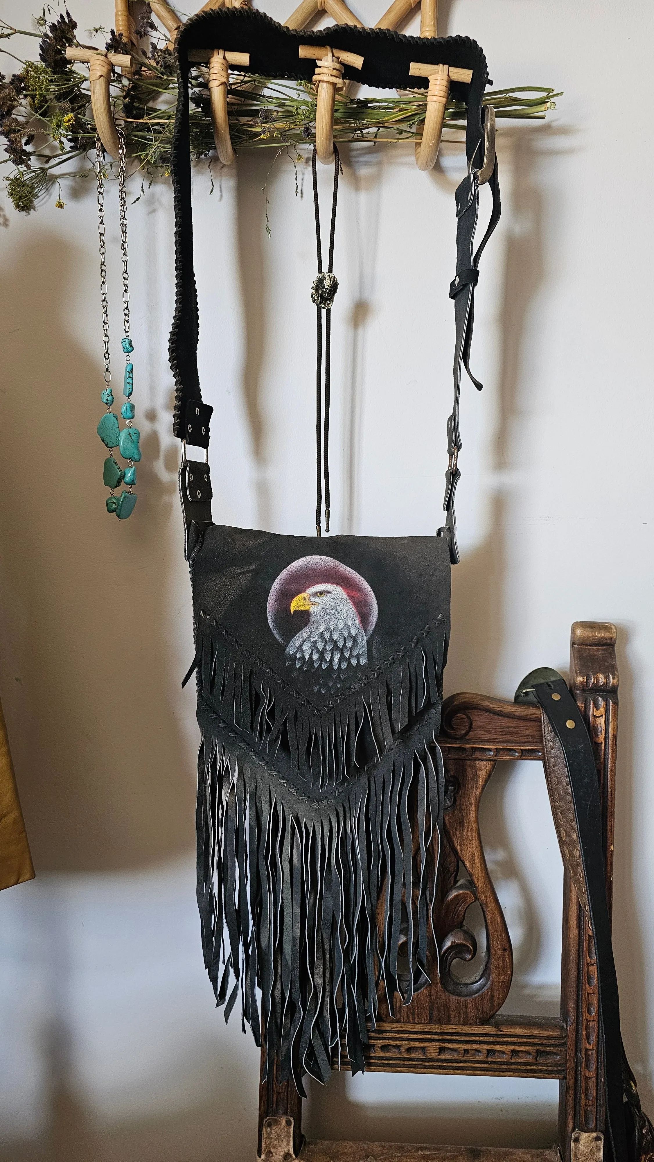 Vintage-Style Suede Fringe Bag with Hand-Painted Eagle