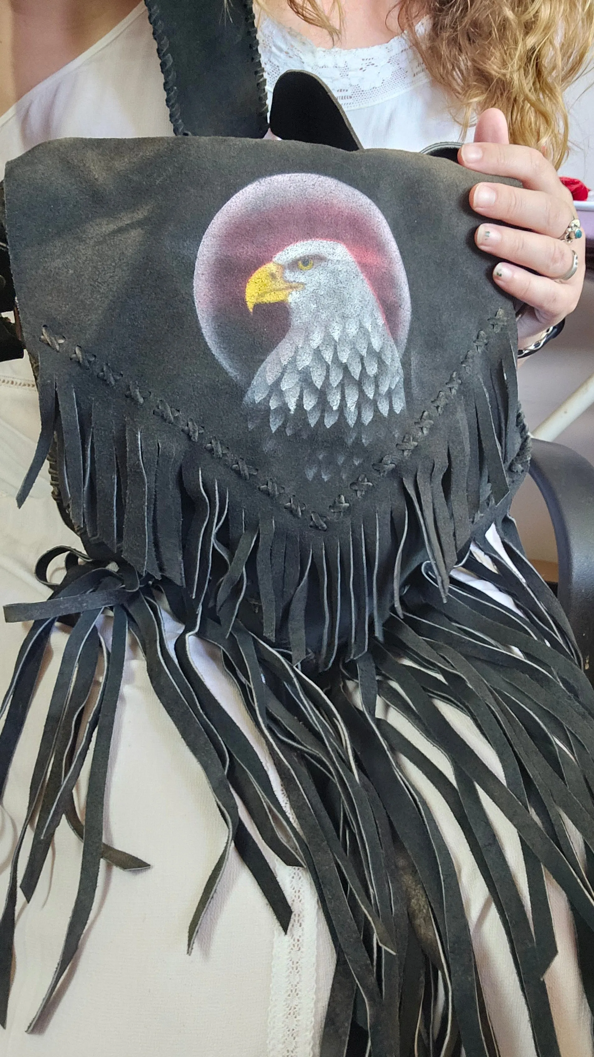 Vintage-Style Suede Fringe Bag with Hand-Painted Eagle