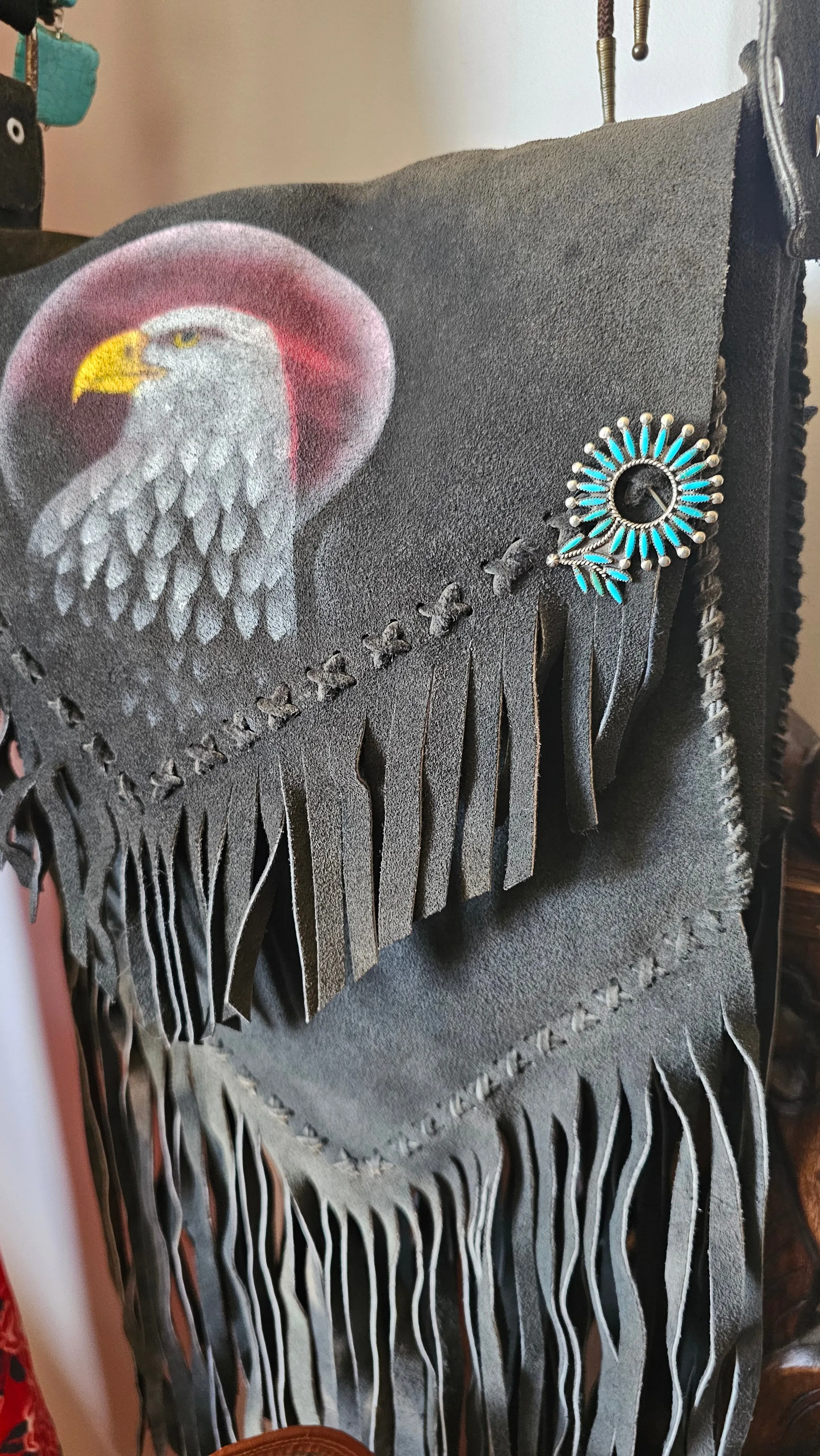 Vintage-Style Suede Fringe Bag with Hand-Painted Eagle