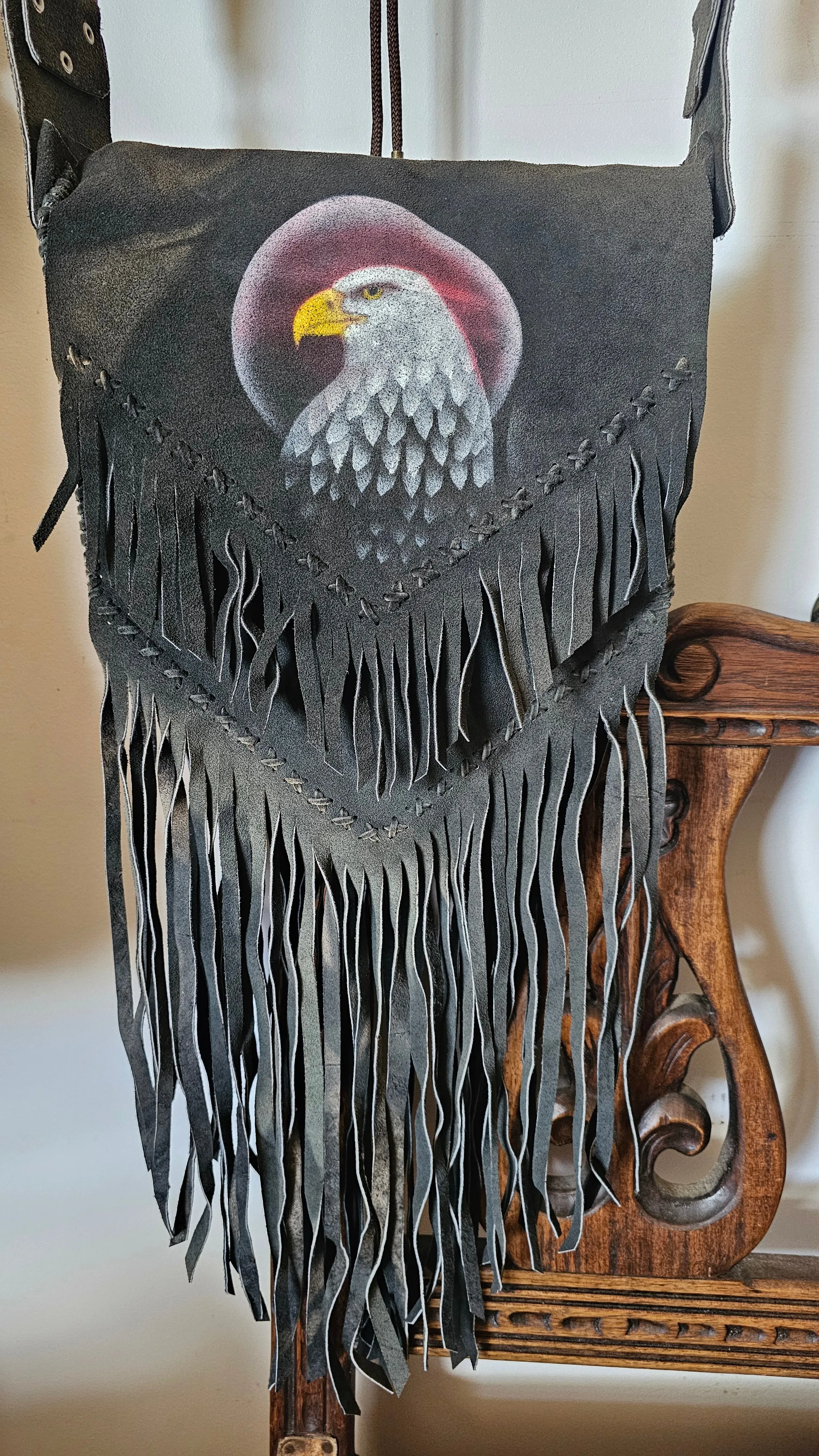 Vintage-Style Suede Fringe Bag with Hand-Painted Eagle