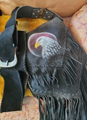 Vintage-Style Suede Fringe Bag with Hand-Painted Eagle