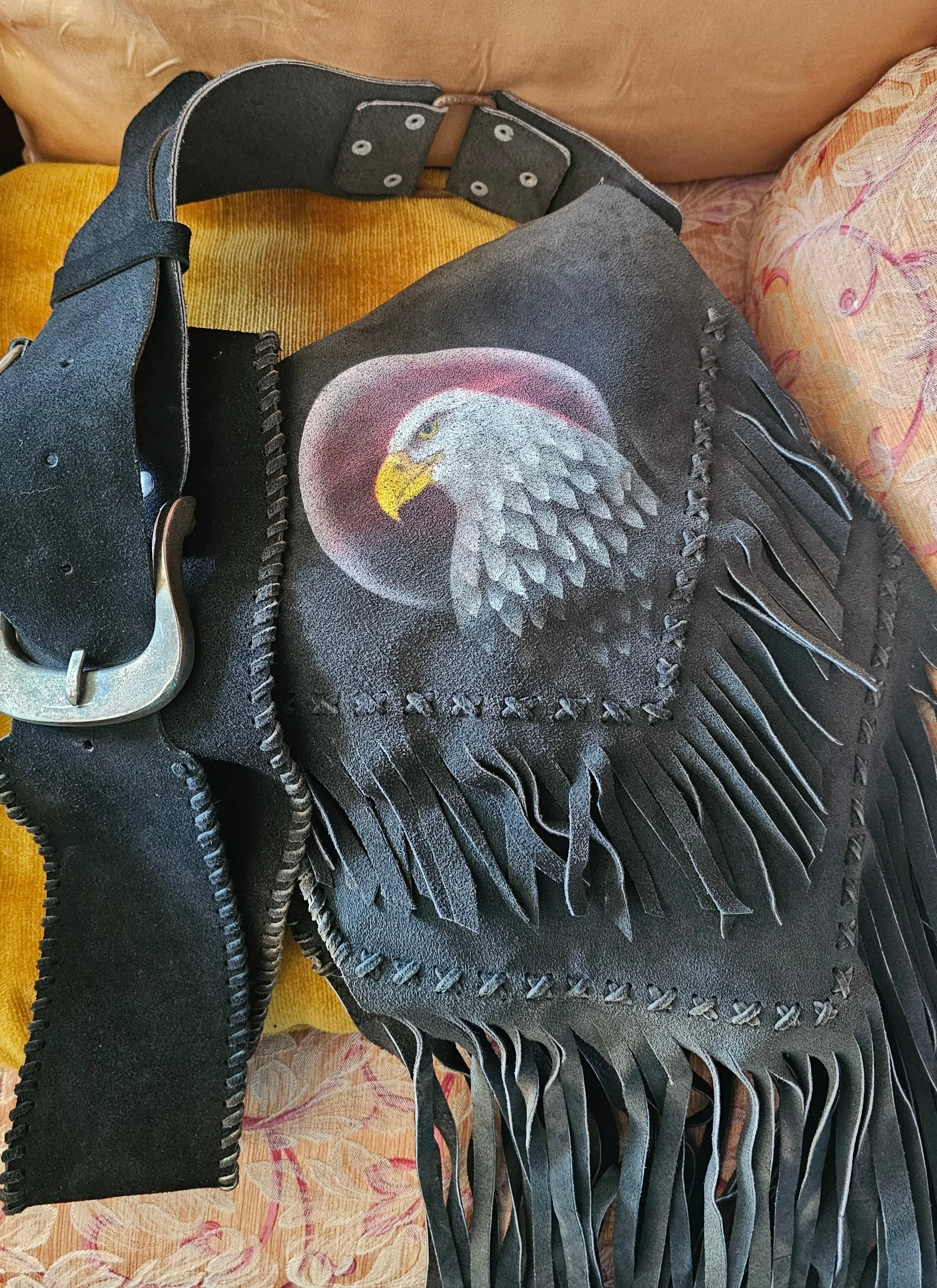 Vintage-Style Suede Fringe Bag with Hand-Painted Eagle