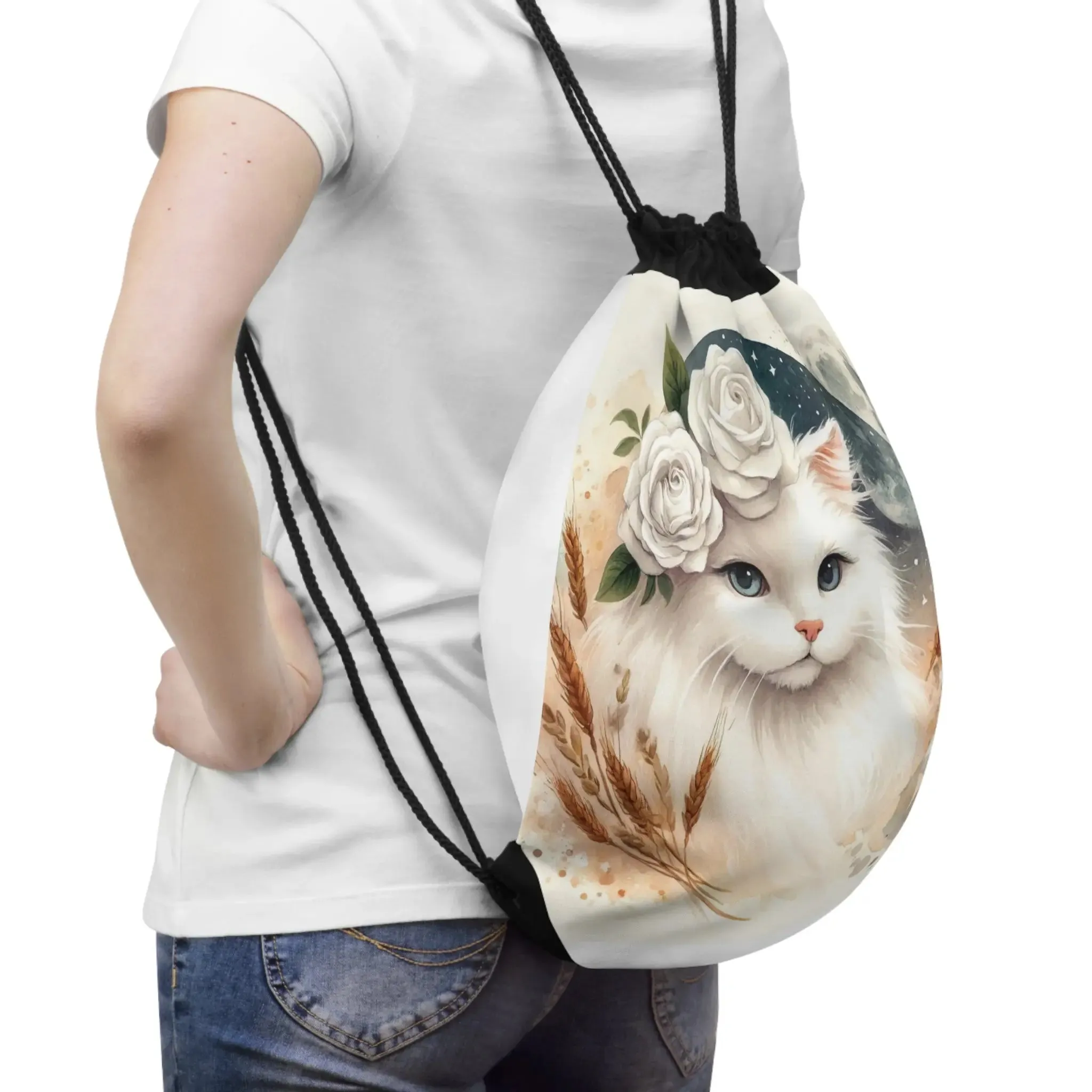 Virgo - White Cat - Drawstring Bag