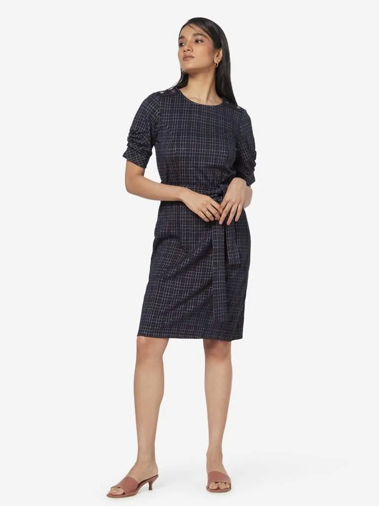 Wardrobe Navy Checkered Glow Dress With Belt