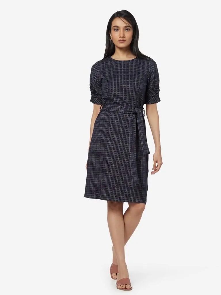 Wardrobe Navy Checkered Glow Dress With Belt