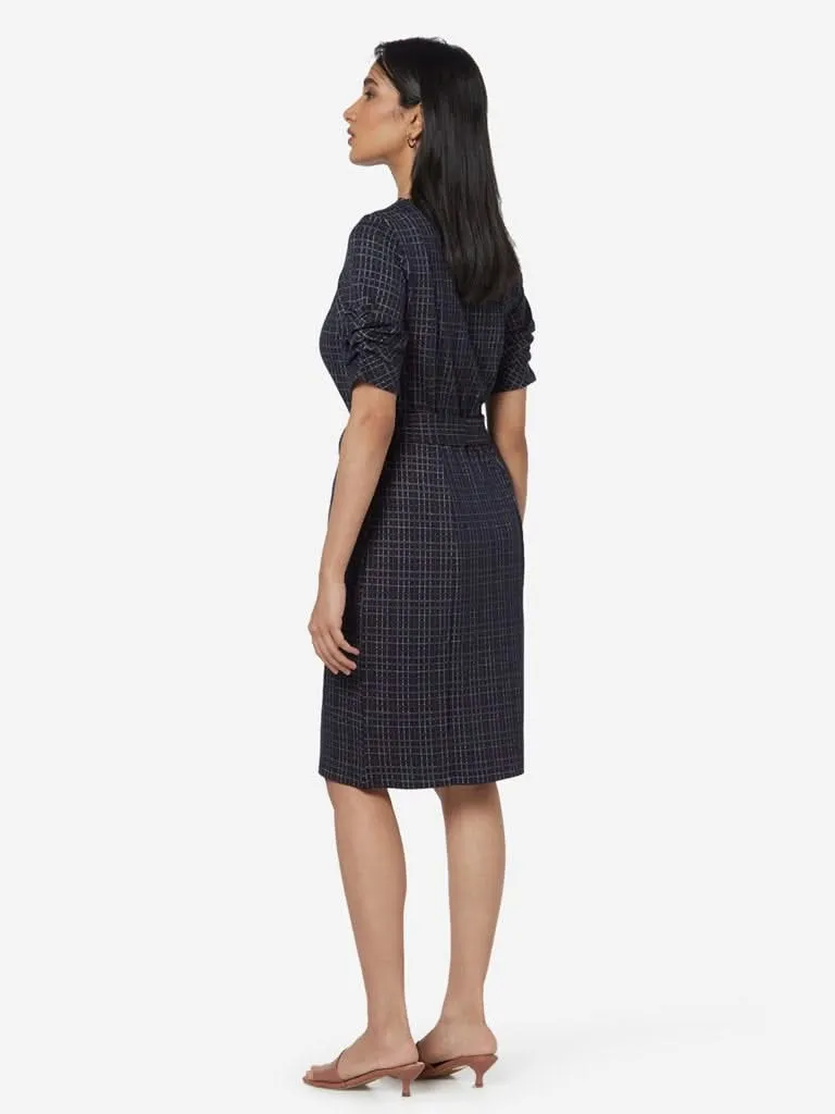 Wardrobe Navy Checkered Glow Dress With Belt