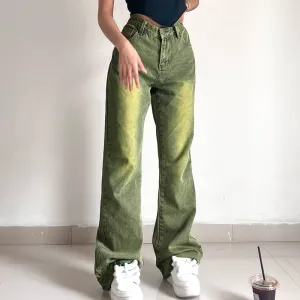 Washed Green Graceful Street Jeans