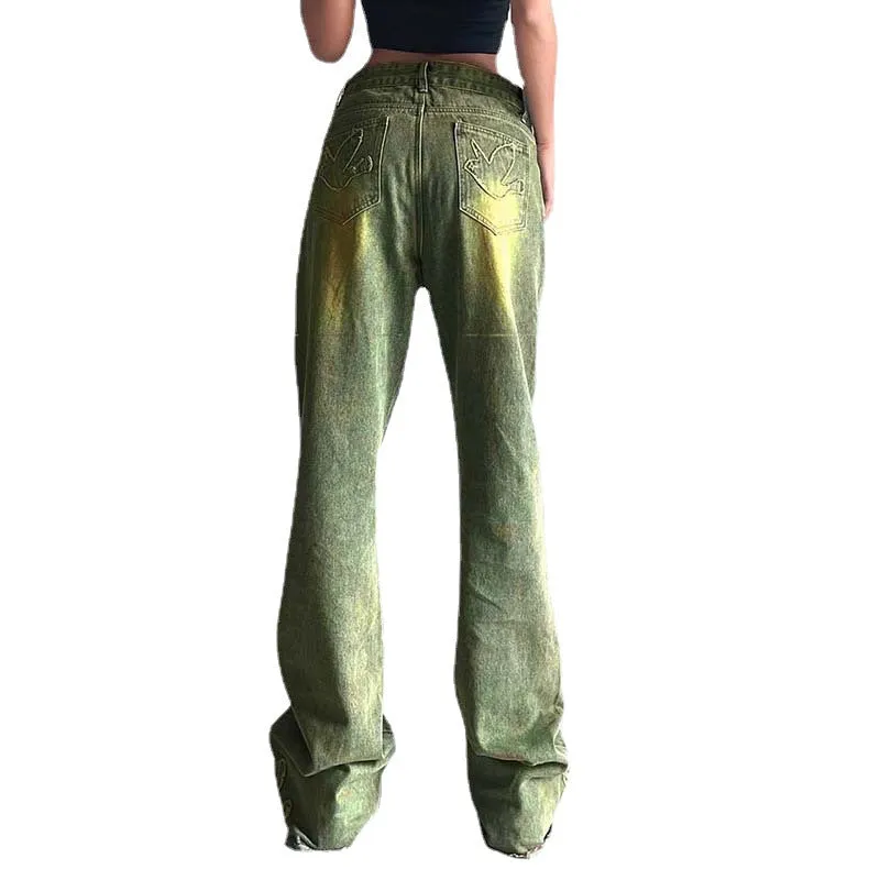 Washed Green Graceful Street Jeans