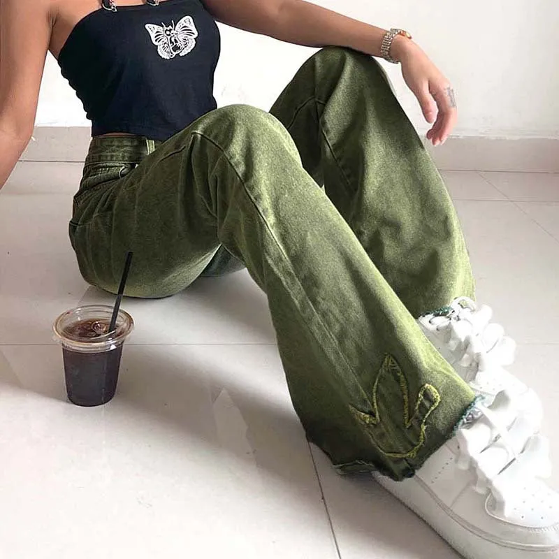Washed Green Graceful Street Jeans