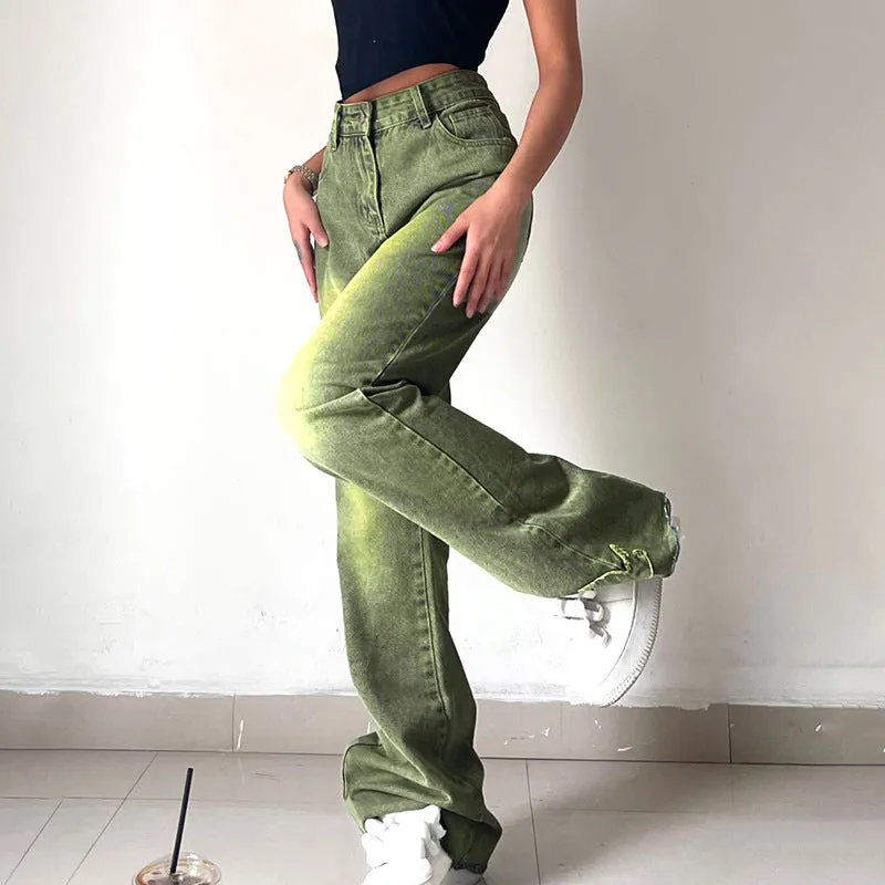 Washed Green Graceful Street Jeans