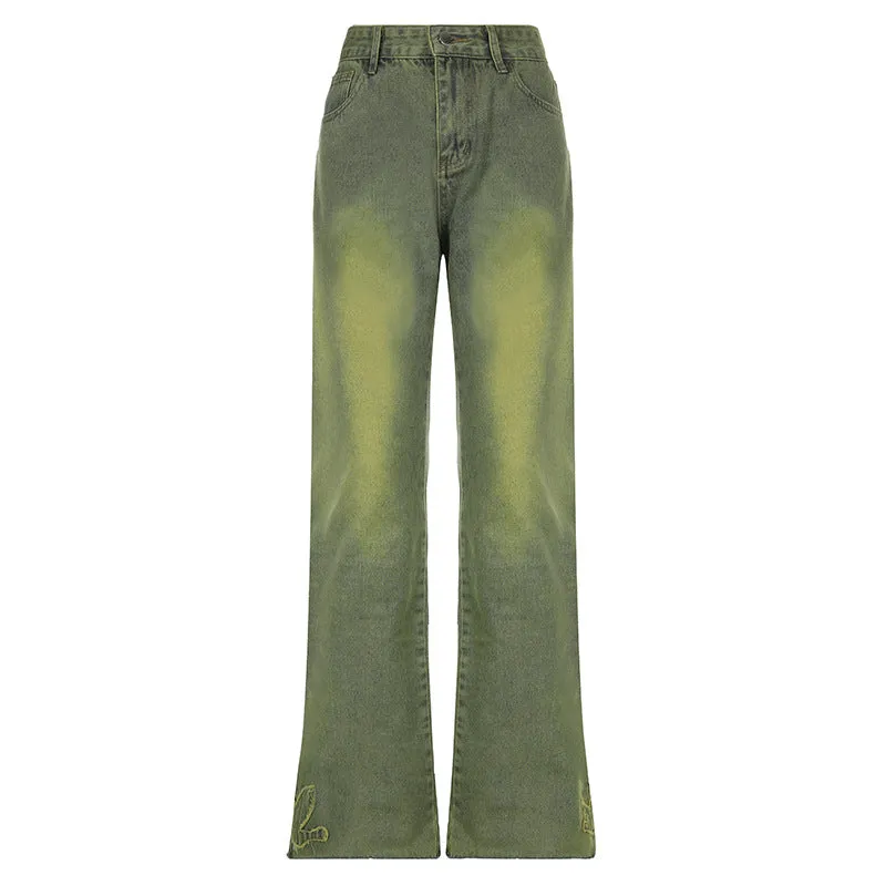 Washed Green Graceful Street Jeans