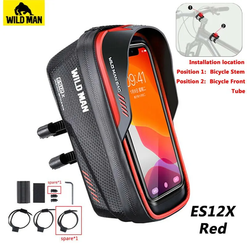 Wild Man Bicycle Bag Front Frame 1L Waterproof Cycling Front Tube Bag Phone Case Holder 6.8 Inch Touchscreen Bike Stem Bag