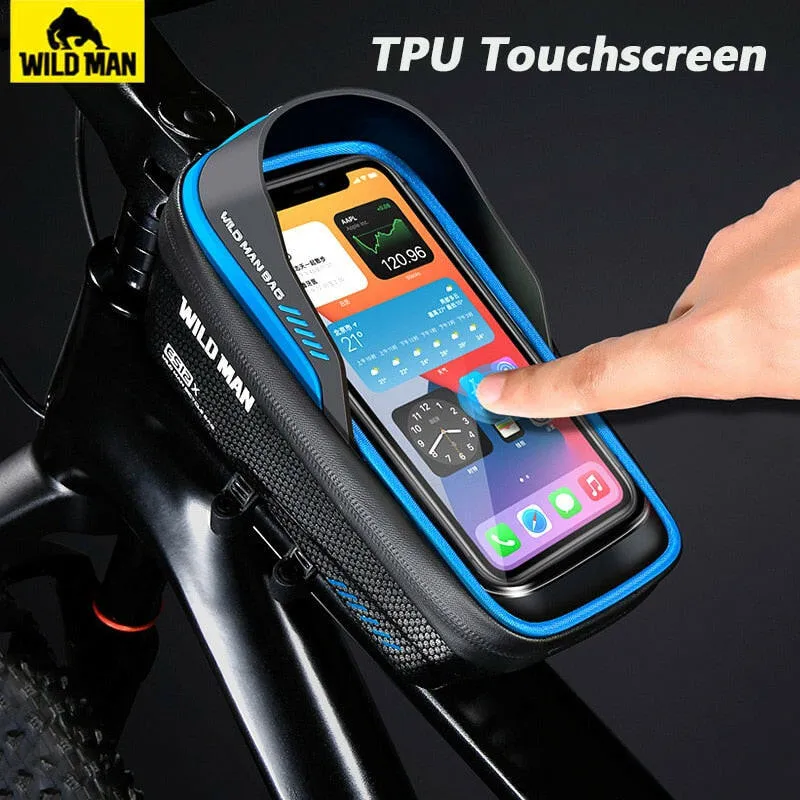 Wild Man Bicycle Bag Front Frame 1L Waterproof Cycling Front Tube Bag Phone Case Holder 6.8 Inch Touchscreen Bike Stem Bag
