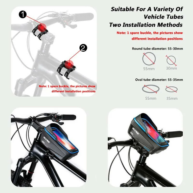 Wild Man Bicycle Bag Front Frame 1L Waterproof Cycling Front Tube Bag Phone Case Holder 6.8 Inch Touchscreen Bike Stem Bag