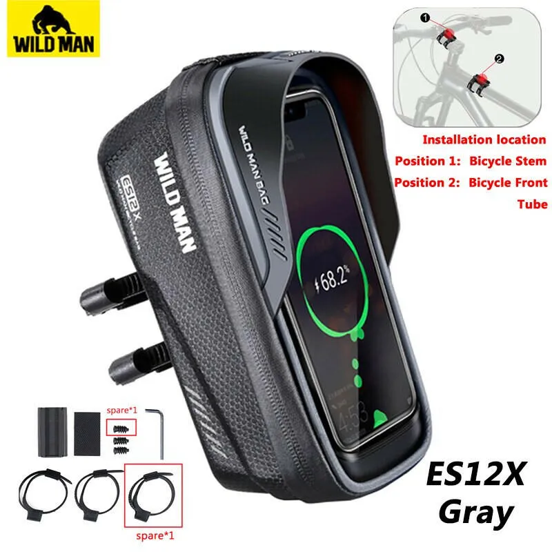 Wild Man Bicycle Bag Front Frame 1L Waterproof Cycling Front Tube Bag Phone Case Holder 6.8 Inch Touchscreen Bike Stem Bag