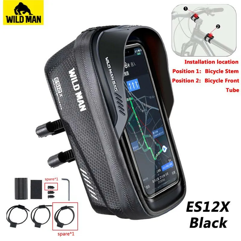 Wild Man Bicycle Bag Front Frame 1L Waterproof Cycling Front Tube Bag Phone Case Holder 6.8 Inch Touchscreen Bike Stem Bag