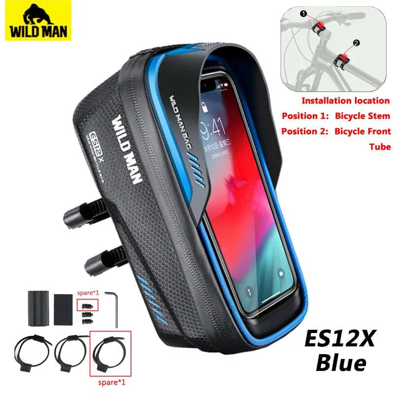 Wild Man Bicycle Bag Front Frame 1L Waterproof Cycling Front Tube Bag Phone Case Holder 6.8 Inch Touchscreen Bike Stem Bag