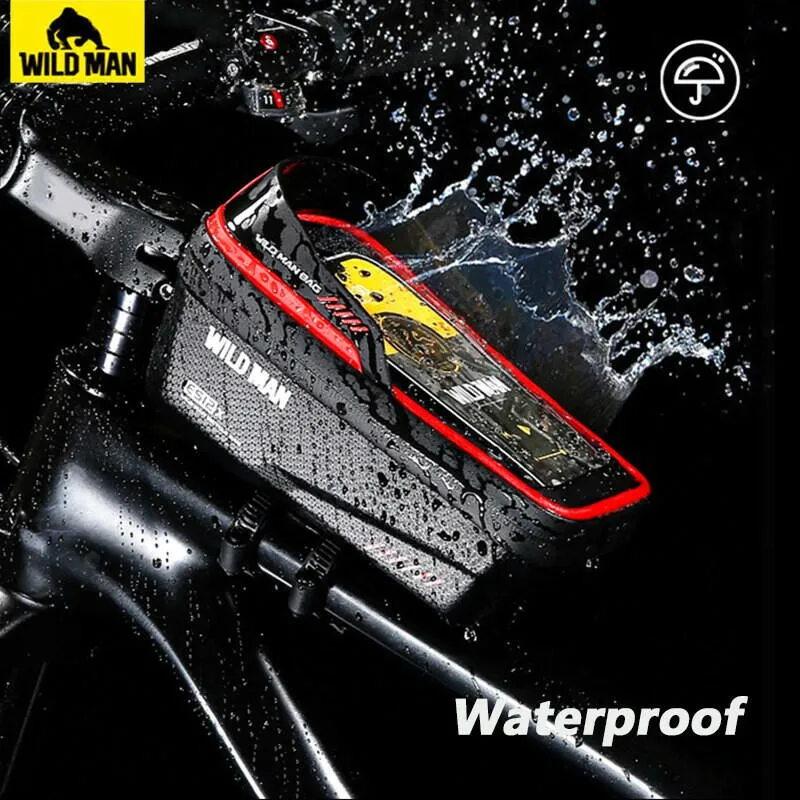 Wild Man Bicycle Bag Front Frame 1L Waterproof Cycling Front Tube Bag Phone Case Holder 6.8 Inch Touchscreen Bike Stem Bag