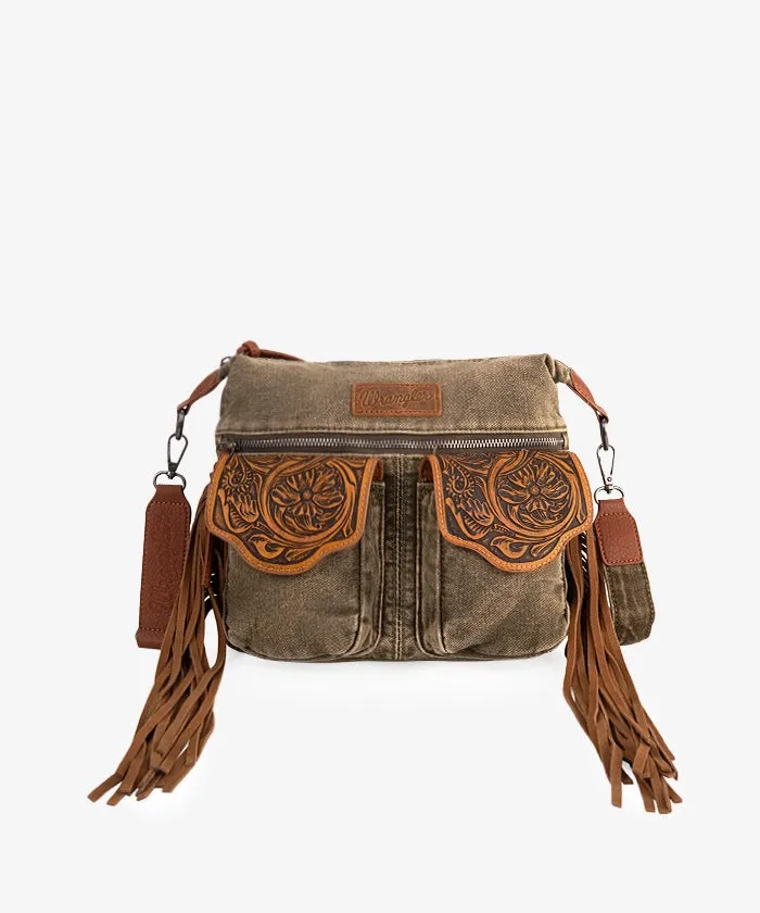 Wrangler Fringe Floral Tooled Denim Crossbody Bag
