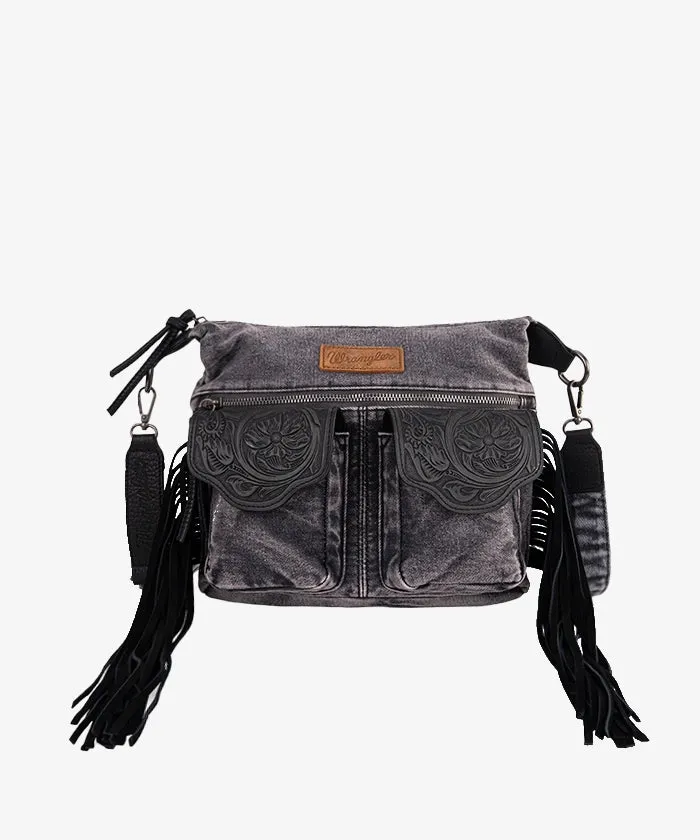 Wrangler Fringe Floral Tooled Denim Crossbody Bag